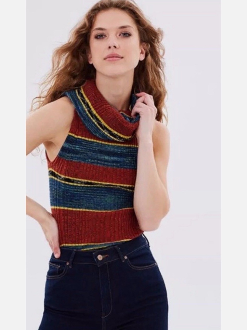 Free People Carly cowlneck top - Off Shoulder Striped, Rib Knit - Large